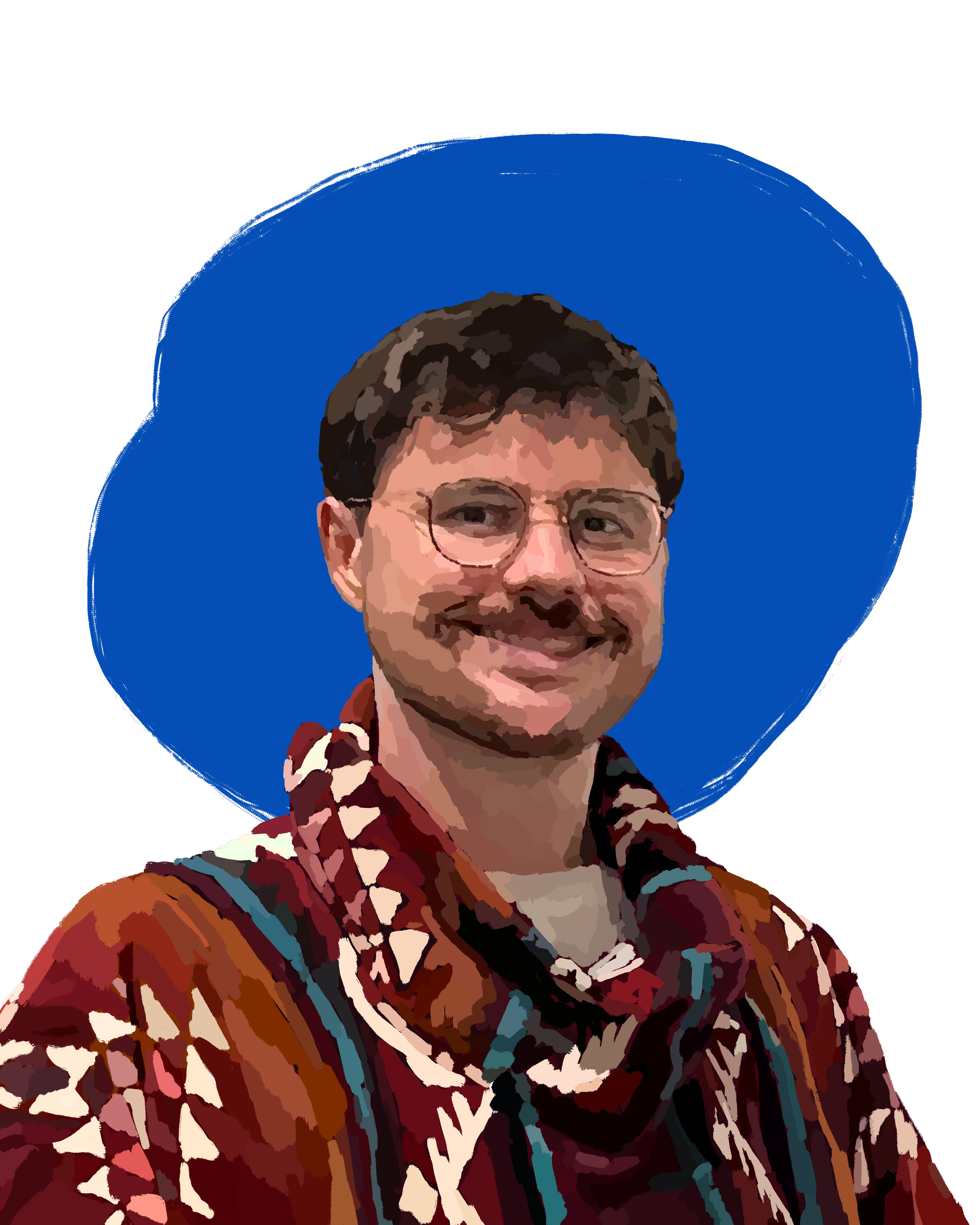 A digital illustration of a person wearing glasses and a colorful patterned shirt with a blue circular background.