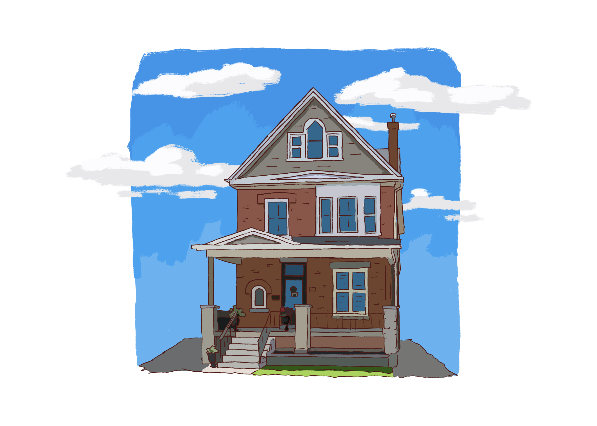 Custom house portrait Illustration of a tall, three-story house with a steeple-like roof, front porch, stairs, and a small front yard, set against a bright blue sky with scattered white clouds.