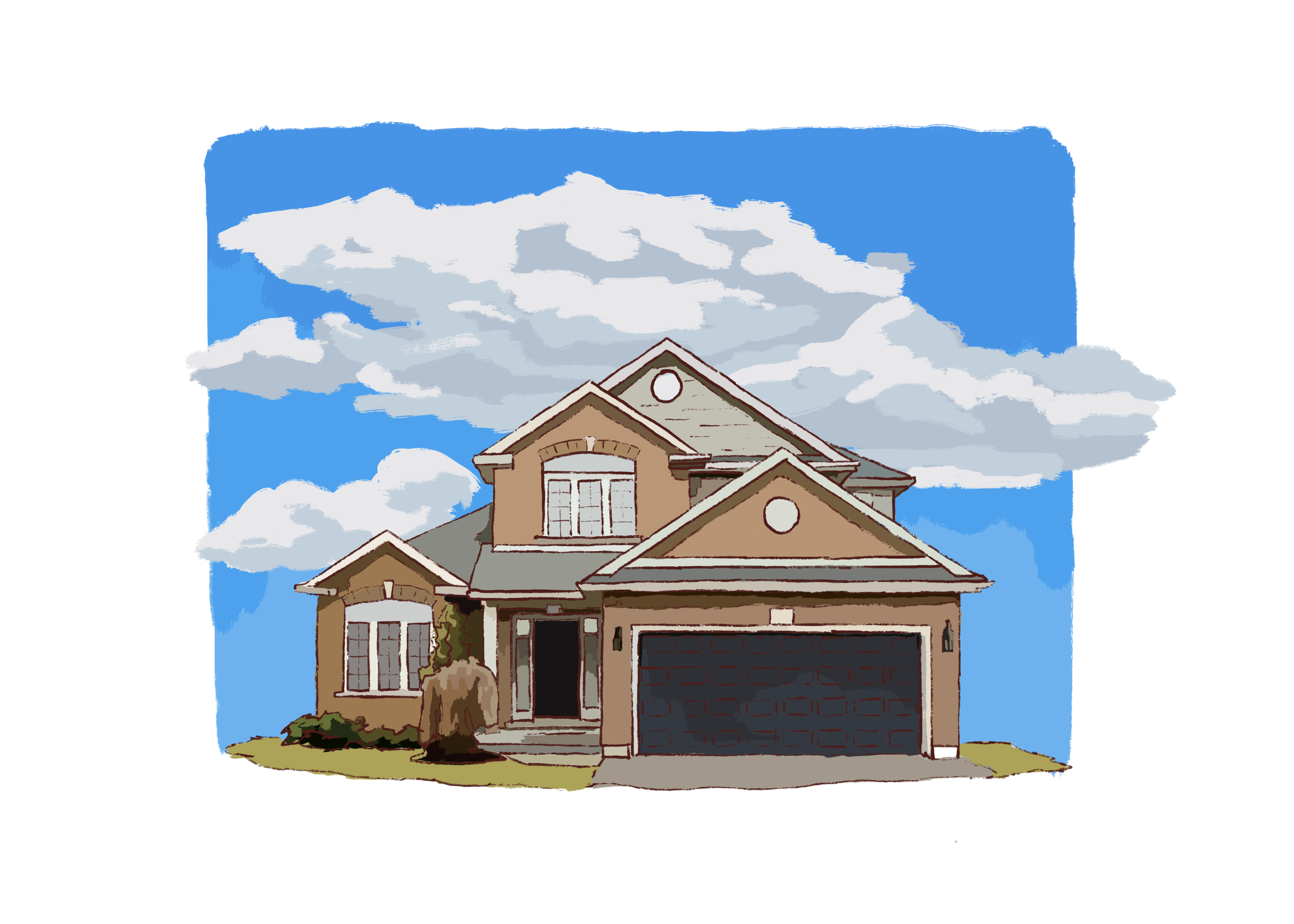 A custom house portrait illustration of a two-story suburban house with beige siding, a dark gray garage door, and a front porch with a small staircase, surrounded by a lawn and some bushes, under a partly cloudy blue sky.