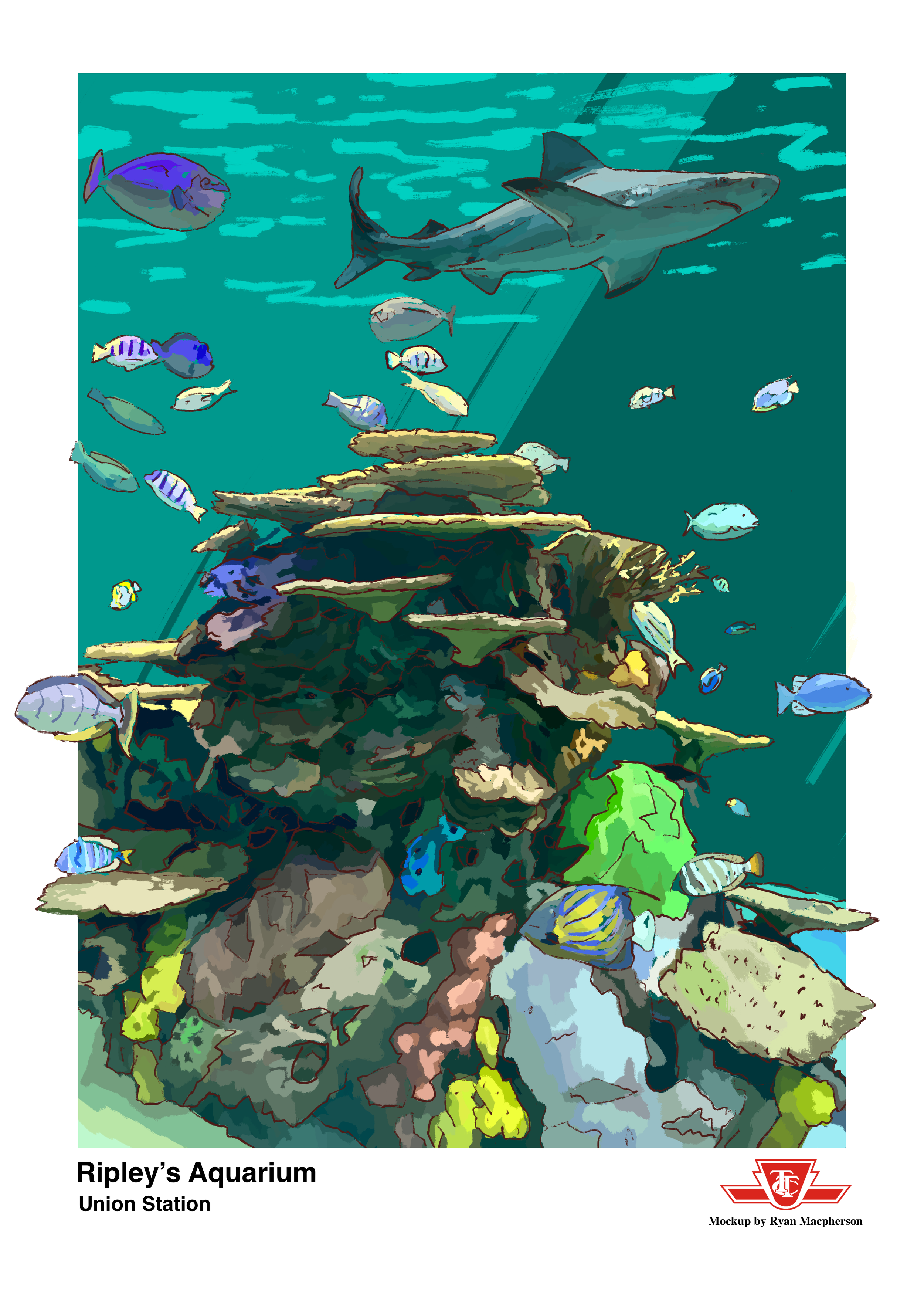 Illustration wall art print of Ripley's Aquarium display at Union Station featuring various colorful fish swimming near coral and rocks.