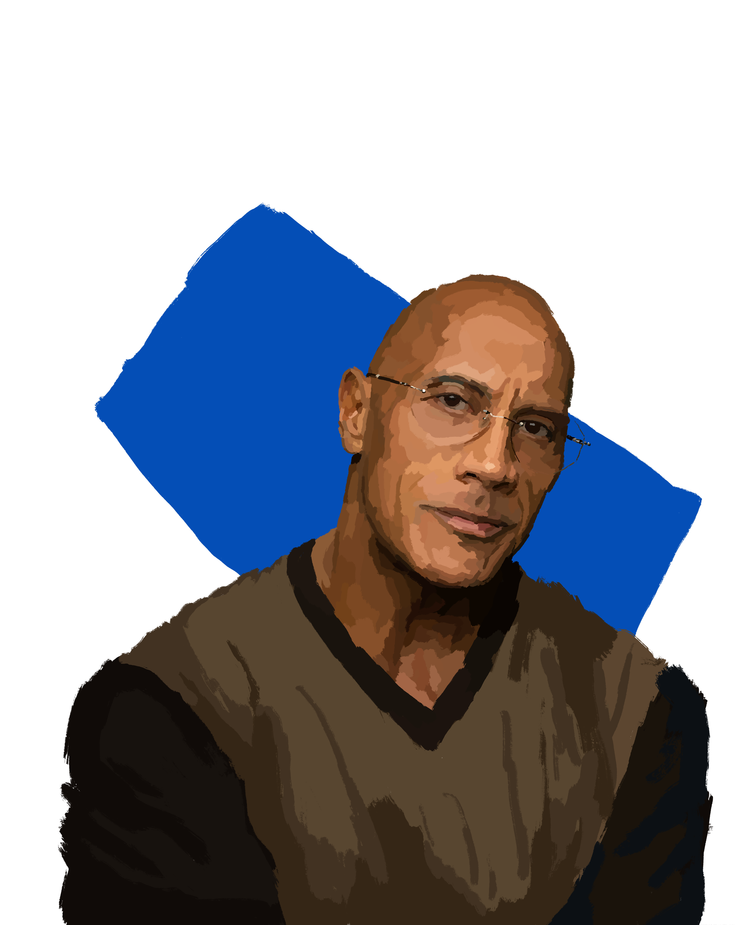 A digitally illustrated portrait Dwayne "The Rock" Johnson of a bald man with glasses, wearing a brown V-neck top, with a blue background.