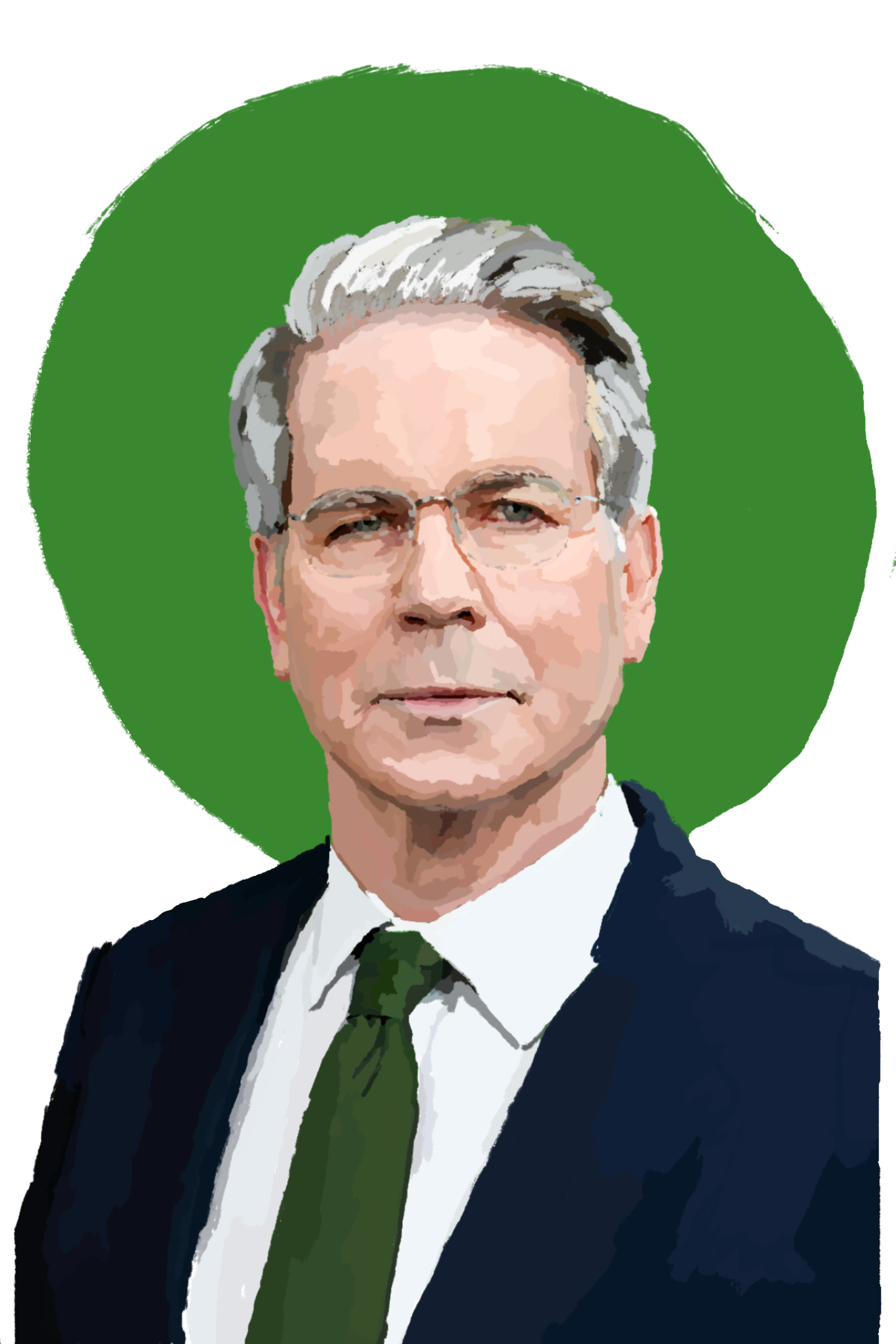 A professional portrait of a middle-aged man wearing glasses, a dark suit, white shirt, and green tie, with gray hair, posing against a green background. Scott Bessent Portrait