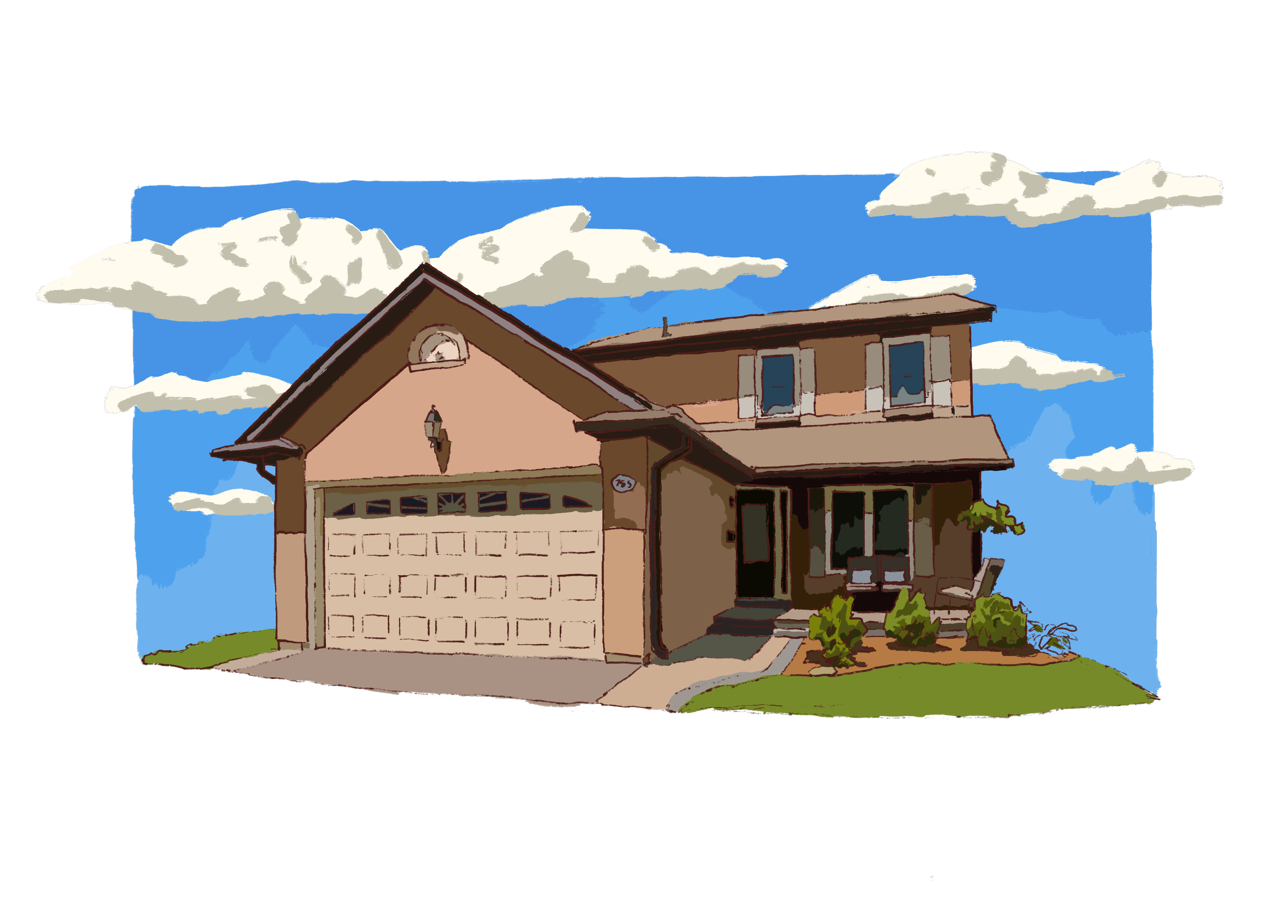 A custom house portrait illustration of a two-story house with a large garage door, front steps, and a small tree by the entrance, under a blue sky with scattered fluffy clouds.