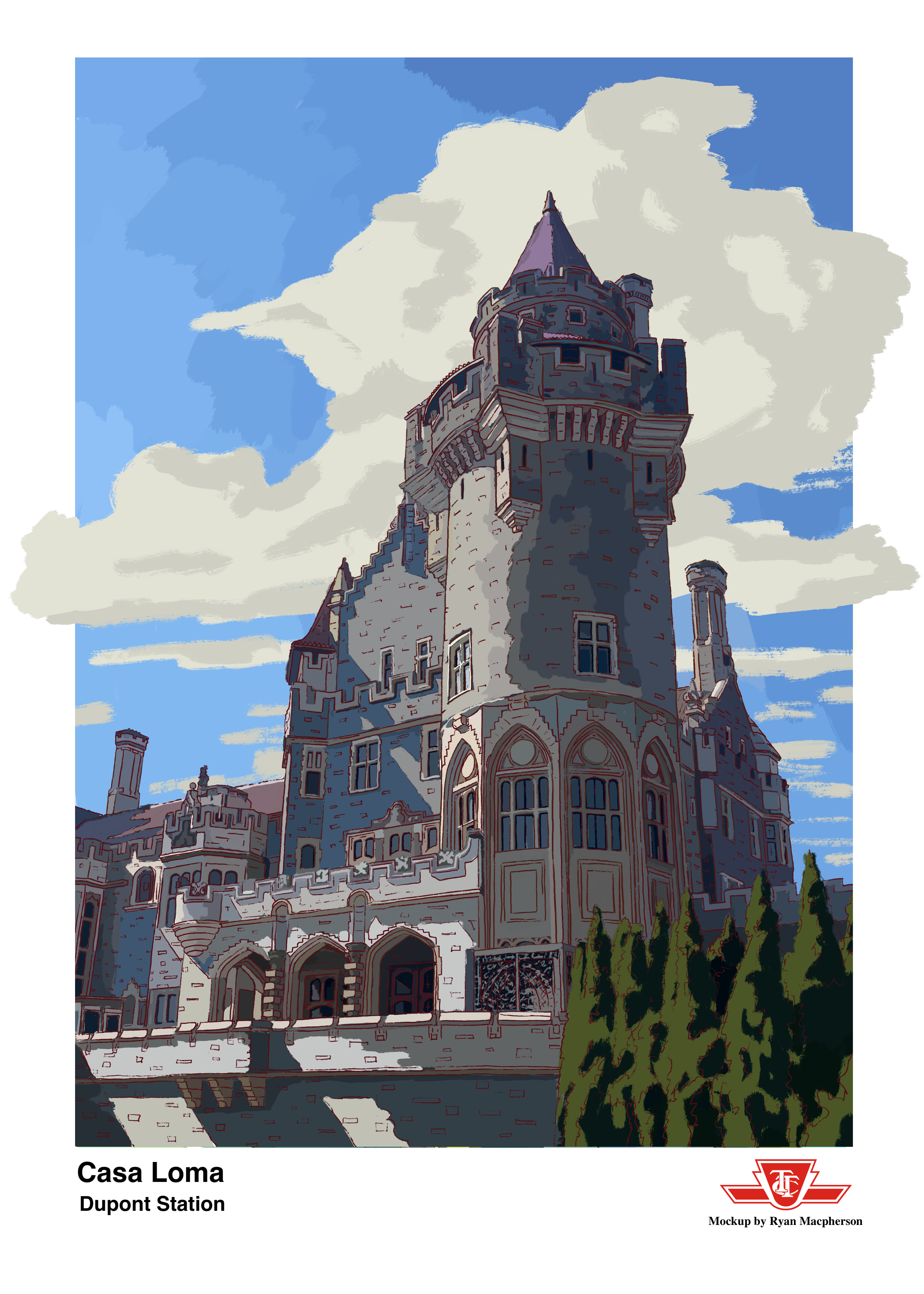 Illustration wall art print of Casa Loma, a historic castle in Toronto, Canada, with a blue sky and clouds in the background, and some trees in the foreground.