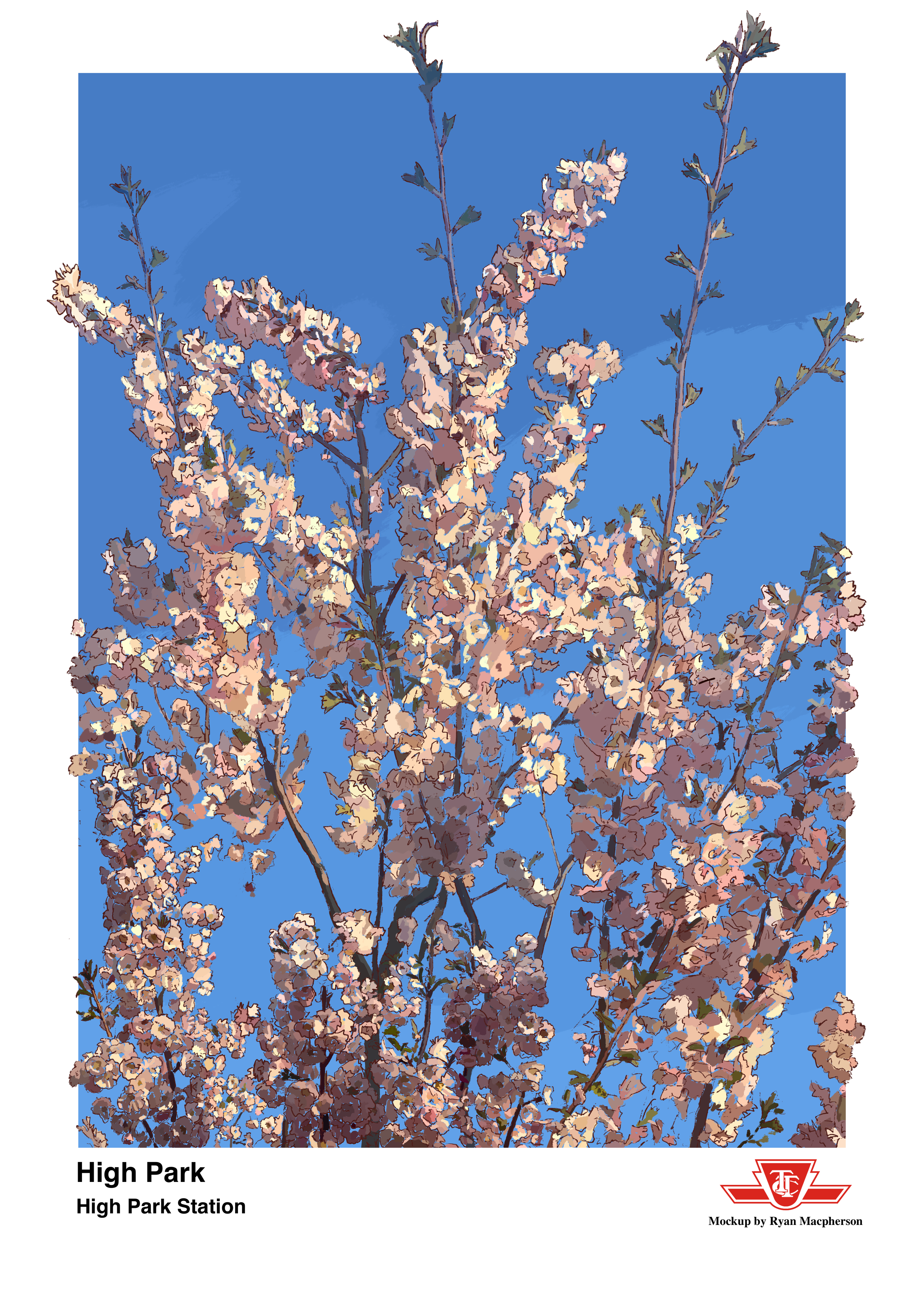 Illustration of pink flowering tree branches on a blue background with text indicating it is a High Park Station map, designed by RM Illustration with a logo in the bottom right corner.