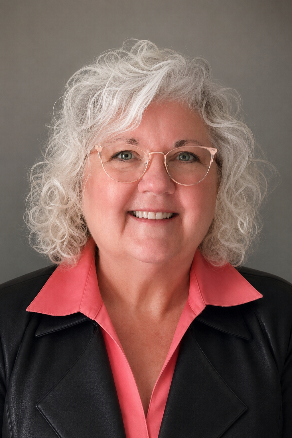 Portrait of a smiling woman with curly gray hair, wearing glasses, a pink shirt, and a black blazer, against a plain gray background.