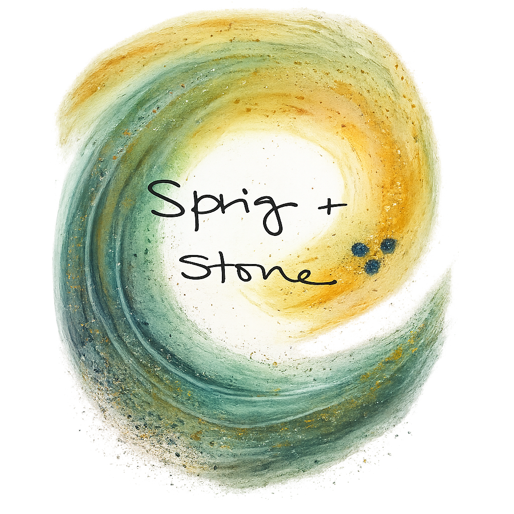 Abstract watercolor swirl in shades of green, yellow, and gold with handwritten text 'Spize + stone' in the center and three small dark blue dots nearby.