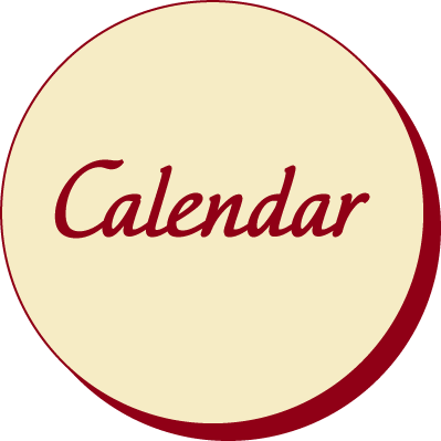 A circular cover with a beige background and red border, displaying the word 'Calendar' in red cursive font.