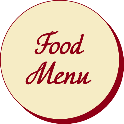 A circular sign with a beige background and red border, displaying the words 'Food Menu' in red cursive font.