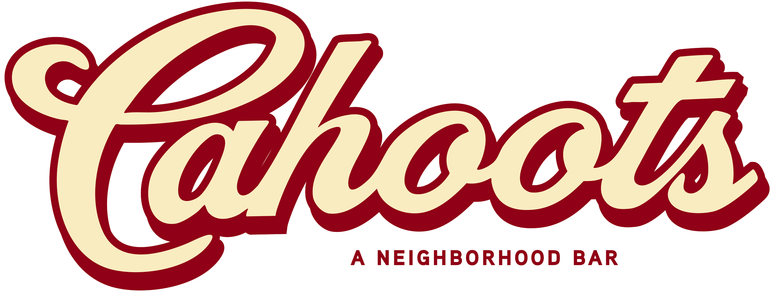Logo for Charlie's Neighborhood Bar with the text 'Charlie's' written in a cursive cream font with a maroon outline, and 'A Neighborhood Bar' written in smaller maroon letters below.