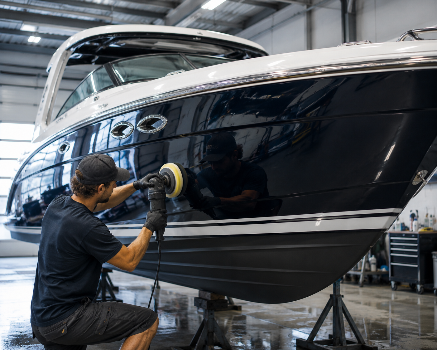 A man polishing the hull of a large yacht inside a boat workshop.