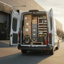 The open back of a delivery van filled with boxes and shelves of various supplies.
