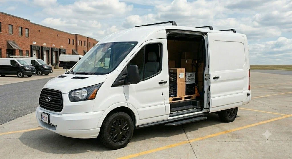 White delivery van with open side door, parked in an empty lot with brick building in the background.