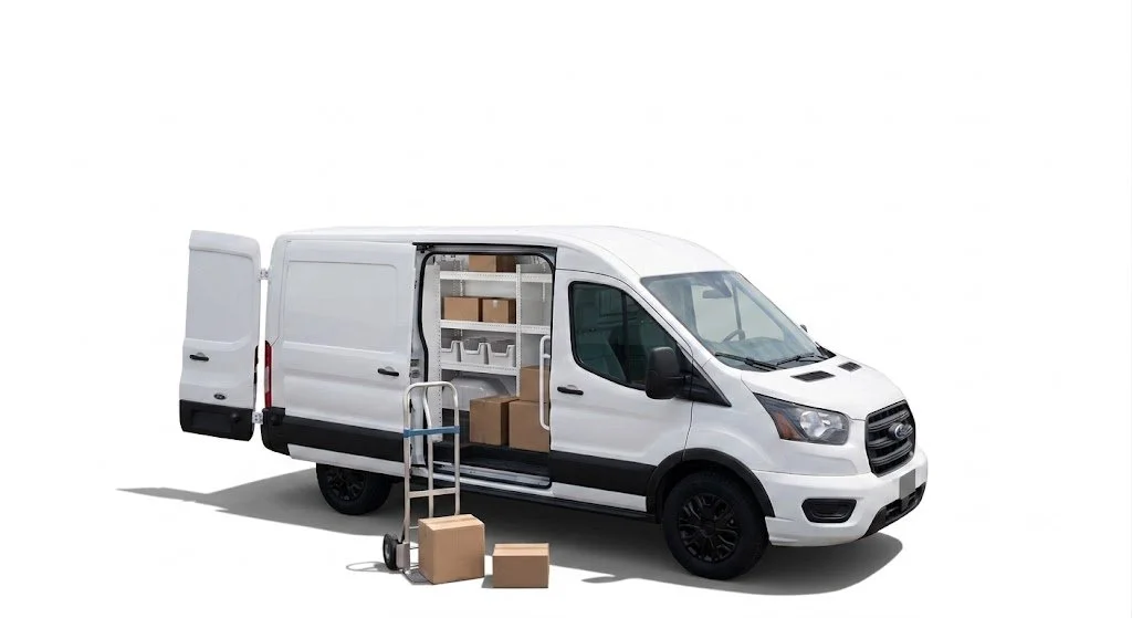 A white delivery van with opened side door, brown cardboard boxes inside and outside, and a hand truck with a box on it.