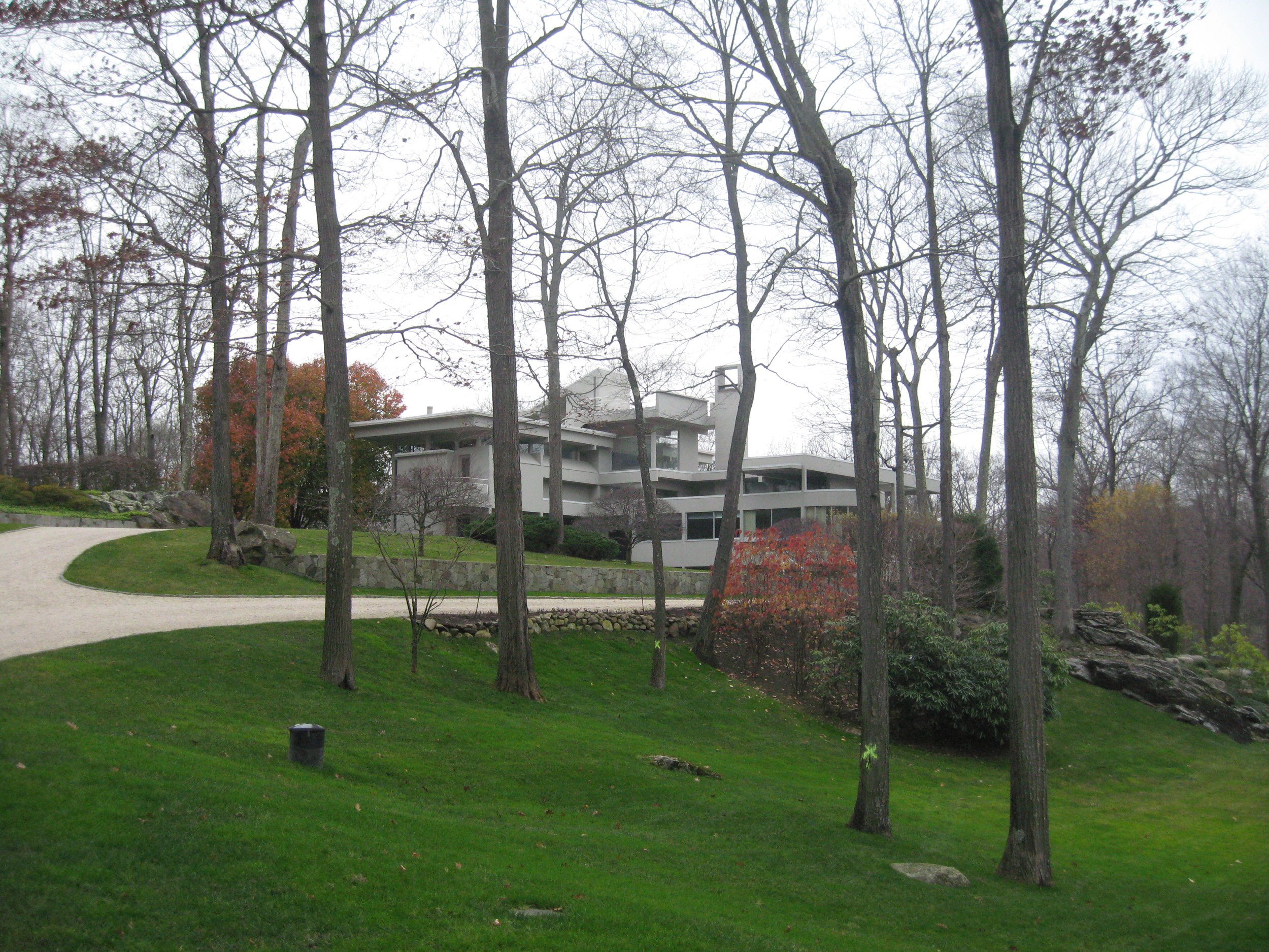A modern house surrounded by leafless trees in a wooded yard during overcast weather. The house has multiple levels with large windows and a flat roof, and is situated on a grassy landscaping with rocks and a winding gravel path.