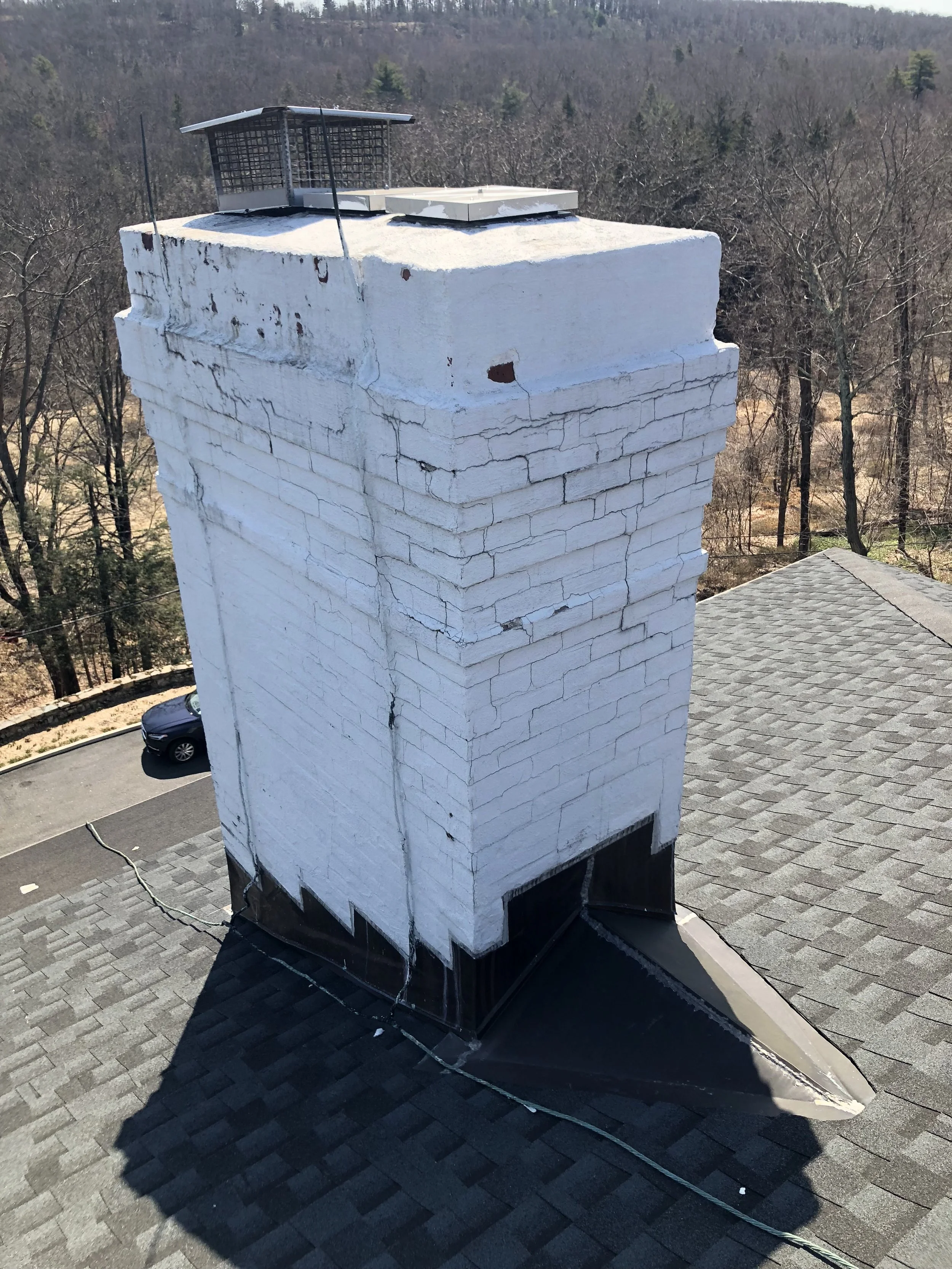 A rooftop chimney with a painted white exterior and a black roofing material at the base. The chimney has a metal cap and a metal cage covering the top. The roof is made of dark shingles, and there is a tree-covered landscape in the background.