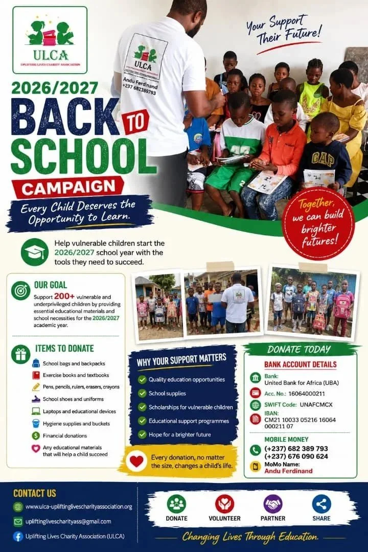 Poster for ULCA's 2026/2027 Back to School Campaign showing children and a volunteer, with donation and support information.