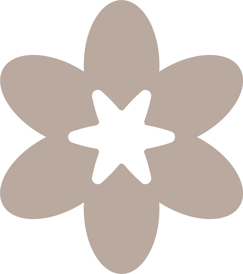 A stylized flower with six beige petals and a black star-shaped center.