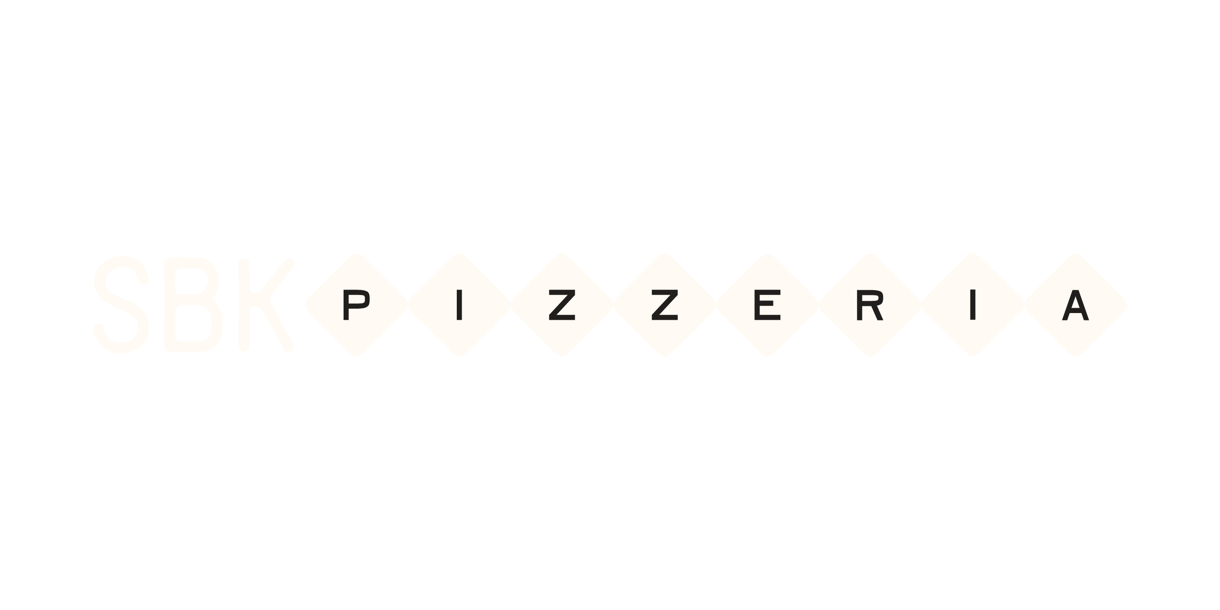 Logo for SBK Pizzería featuring the restaurant name with the letters SBK and the word PIZZERÍA in individual diamond shapes.