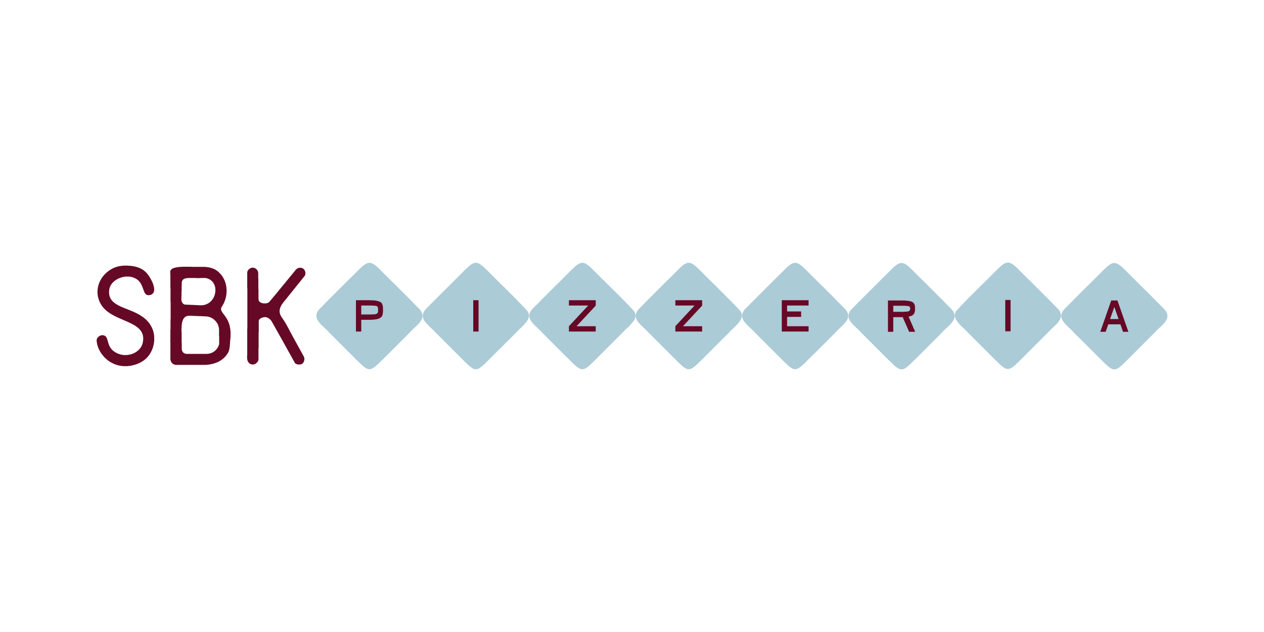 Logo for SBK Pizzería featuring the text 'SBK' and 'Pizzería' with a decorative row of light blue diamonds with maroon letters spelling 'PIZZERIA'.
