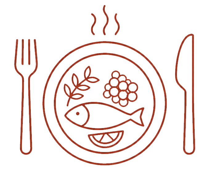 Illustration of a steaming plate with fish, lemon wedge, herbs, and berries, flanked by a fork on the left and knife on the right.