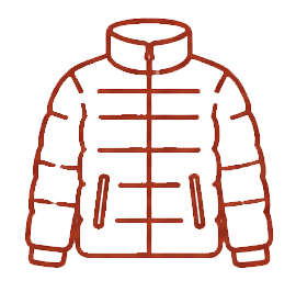 Outline drawing of a puffy winter jacket with a stand-up collar, two front pockets, and horizontal and vertical seam details.