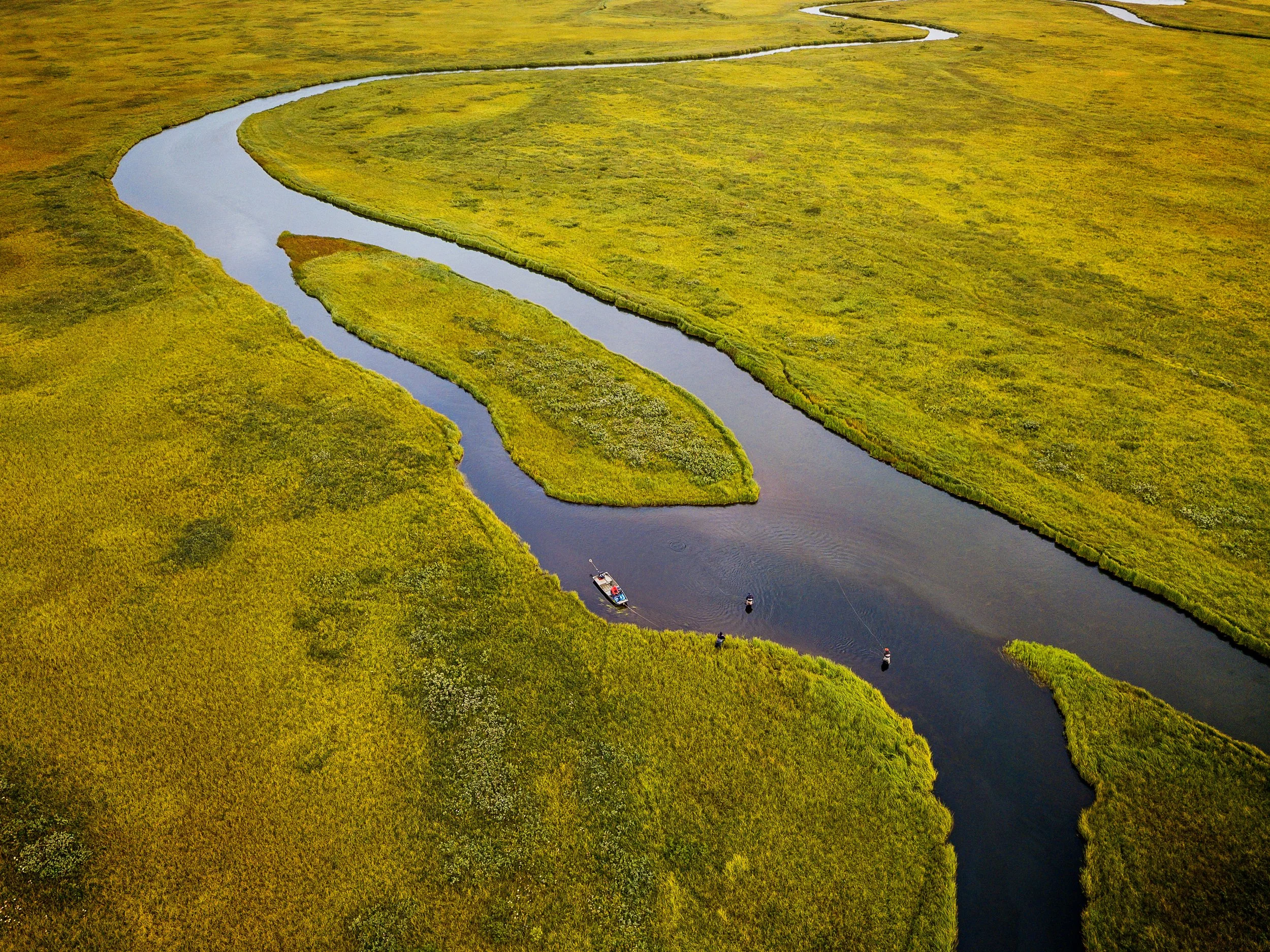 Aerial view of the home river at Lava Creek Lodge, Alaska.