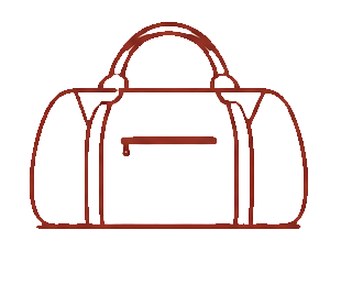 Outline drawing of a duffel bag with handles and a zippered pocket on the front.