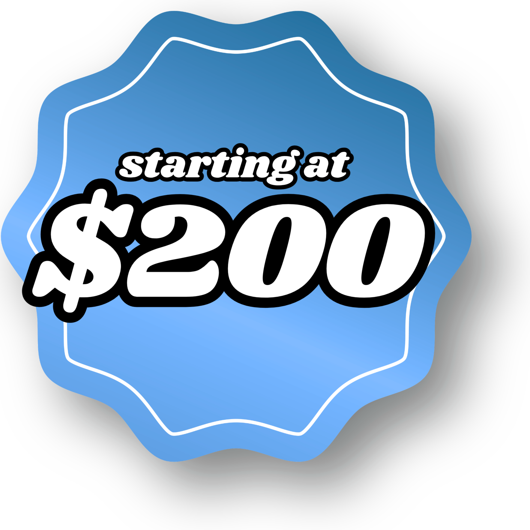 Blue and white neon sign with text displaying a starting price of $200.