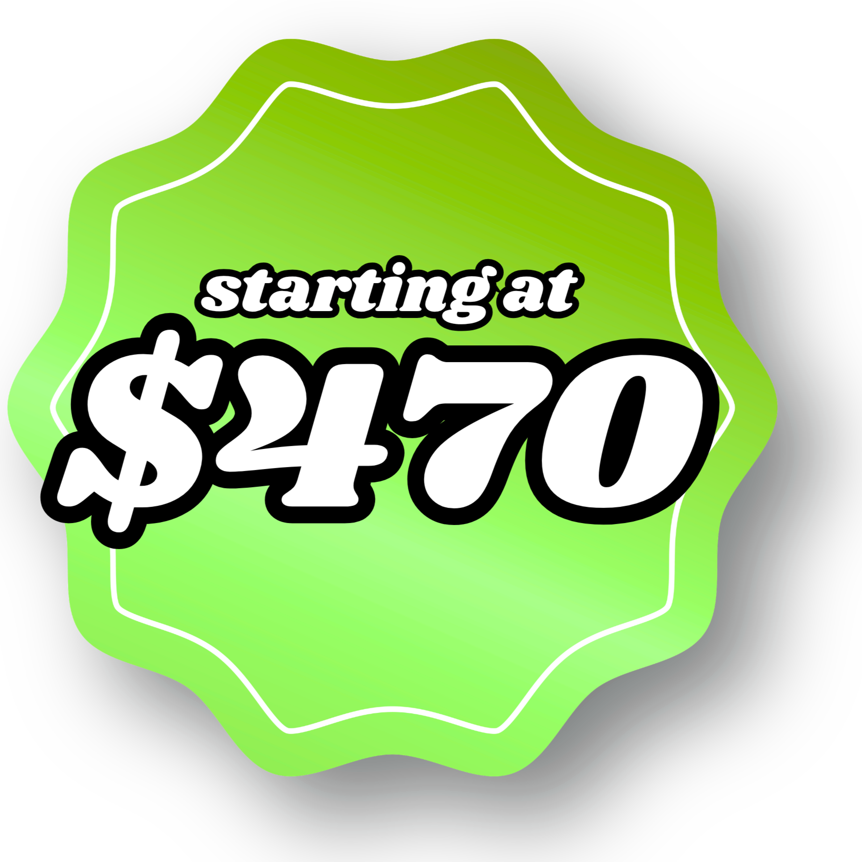 Green promotional discount sticker with white and black text displaying a starting price of $2.70.
