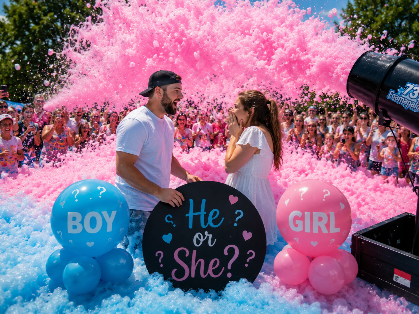 a couple posing with pink and blue balloons in front of huge piles of pink and blue foam made by a 731 Foamapalooza cannon