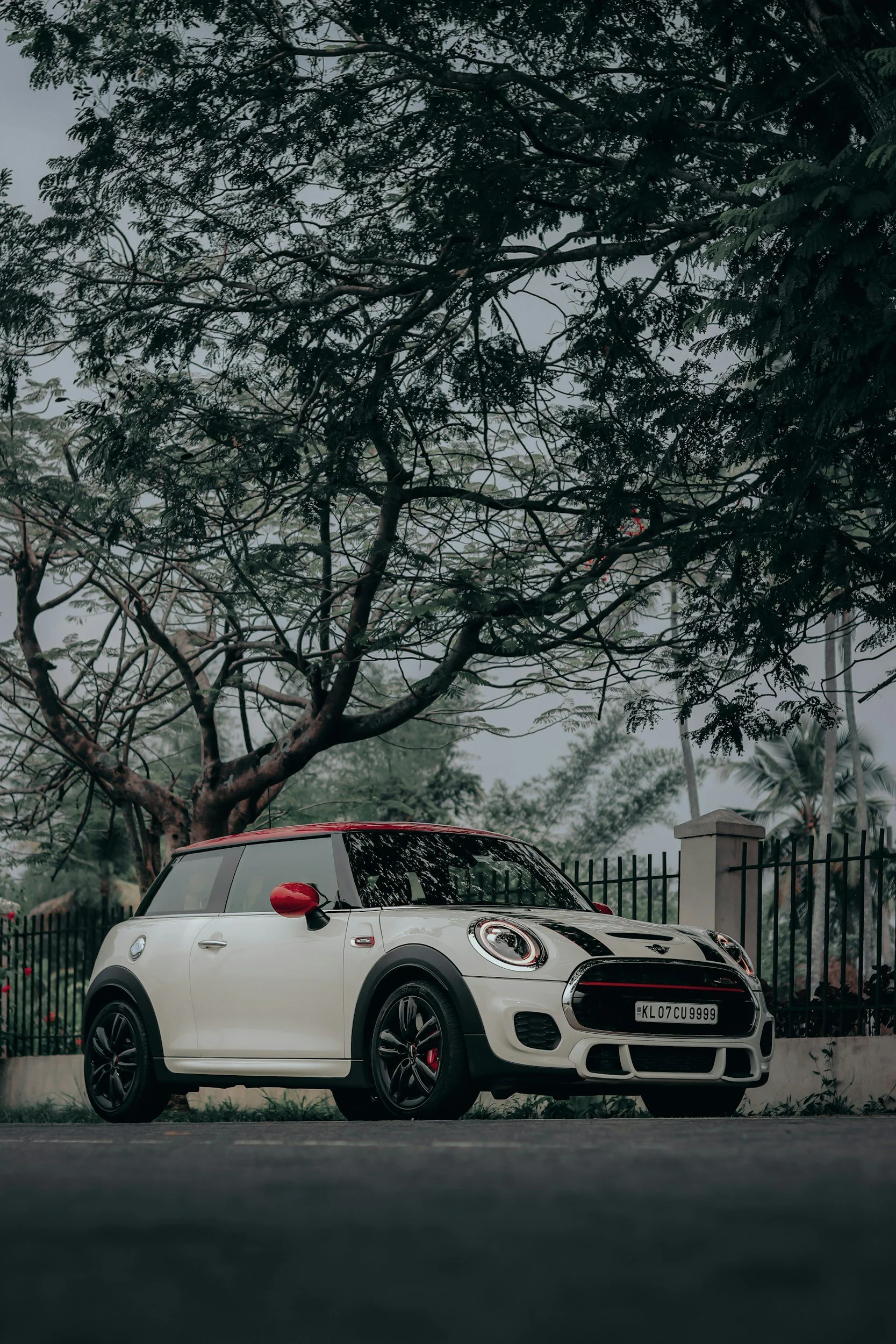A white car with a black racing stripe and red accents parked on the side of a street near a black metal fence, trees, and a cloudy sky in the background.