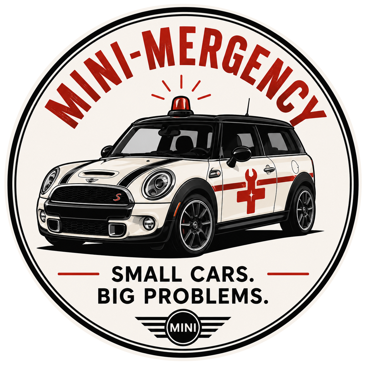 A Mini Cooper-themed graphic with a Mini Cooper car designed to resemble an emergency medical vehicle, featuring a red emergency light and a medical cross symbol on the side. The graphic includes text that reads 'Mini - Emergency' at the top and 'Small Cars. Big Problems.' at the bottom.
