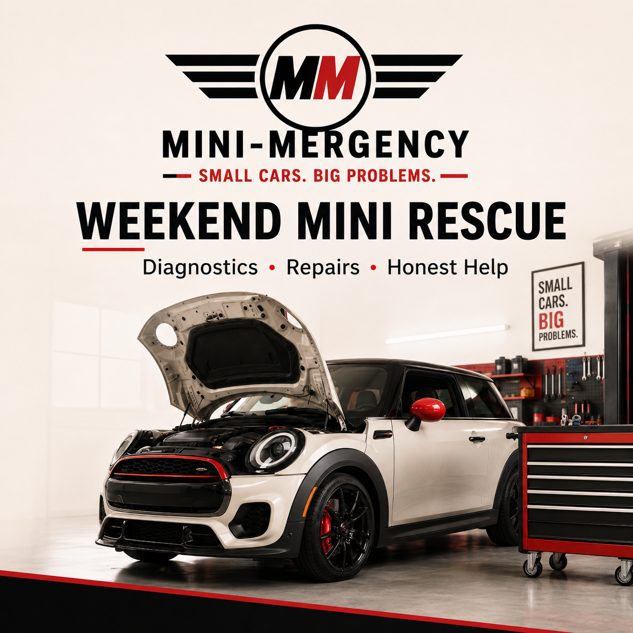 A Mini Cooper with an open hood inside a garage, with signage on the wall that reads 'Mini-Mergency, Small Cars. Big Problems' and 'Weekend Mini Rescue' offering diagnostics, repairs, and honest help.