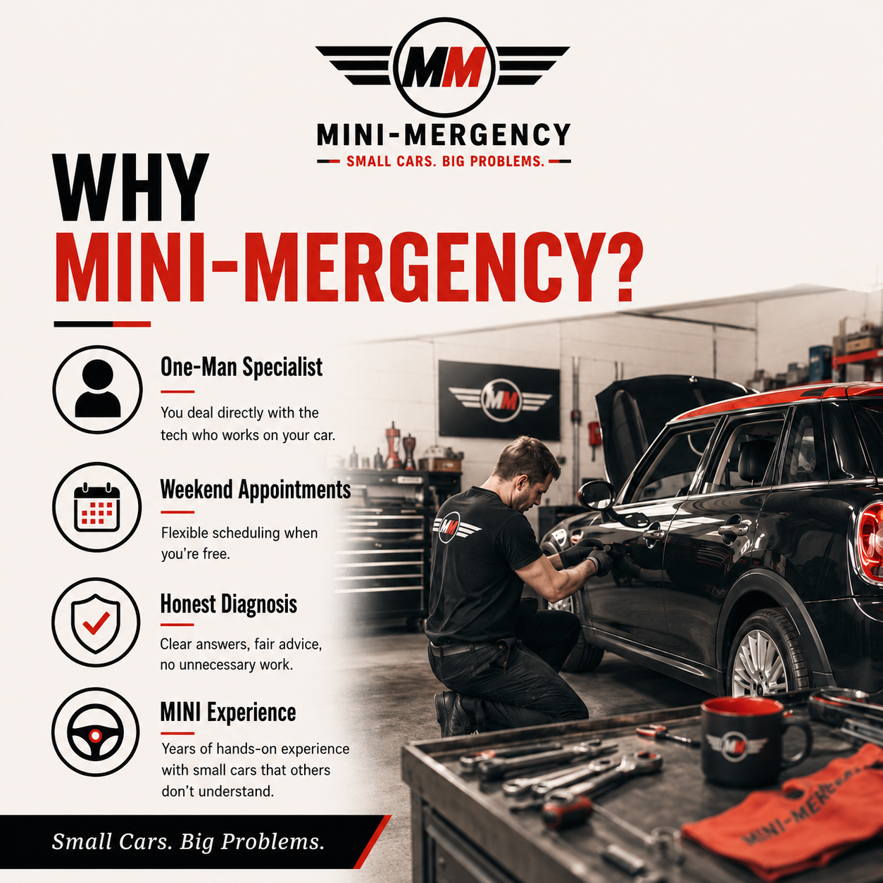 Information poster for MINI-MERGECY auto repair shop with a man fixing a black Mini Cooper in a garage, list of services and benefits of the shop, logo at the top.
