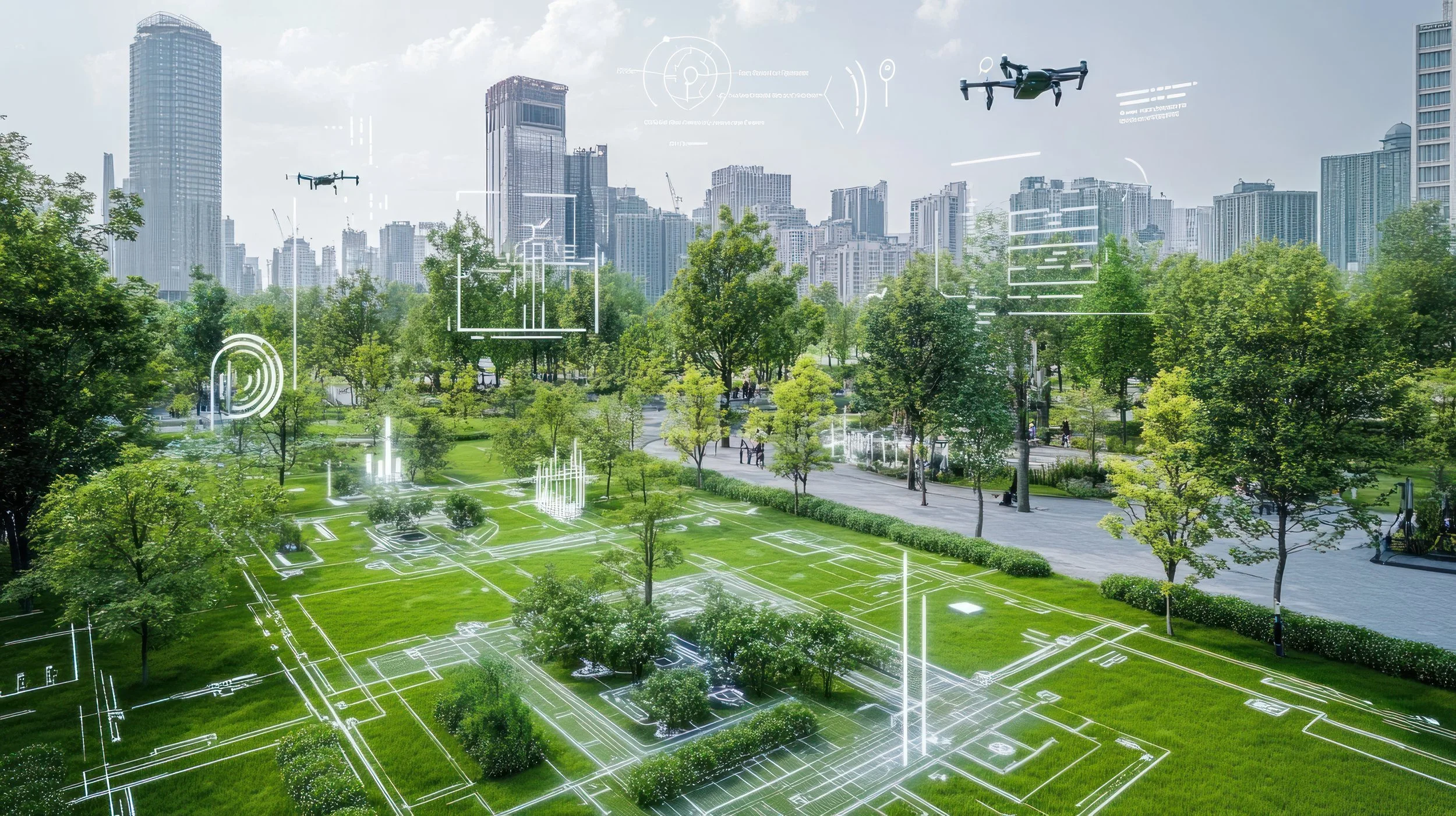 A city park with trees and walking paths overlaid with futuristic digital graphics, including drones and holographic interface elements, with skyscrapers in the background.