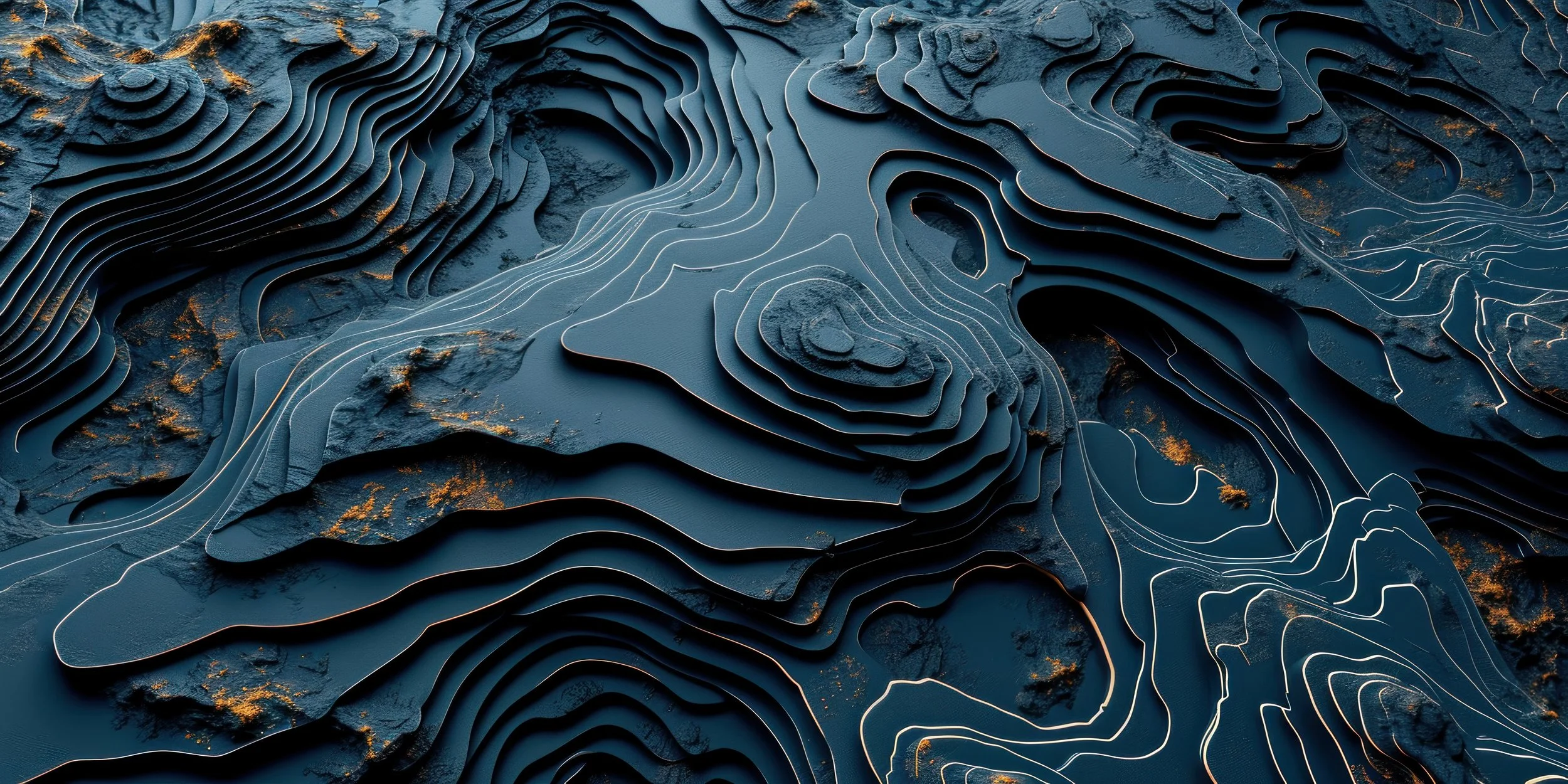 Dark topographic map sculpture with gold highlights.