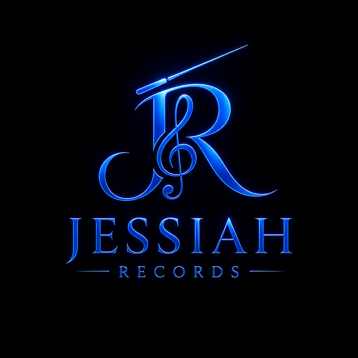 Neon blue sign featuring the logo for Jessiah Records, with stylized initials 'J' and 'R' and the full name 'Jessiah Records' beneath.