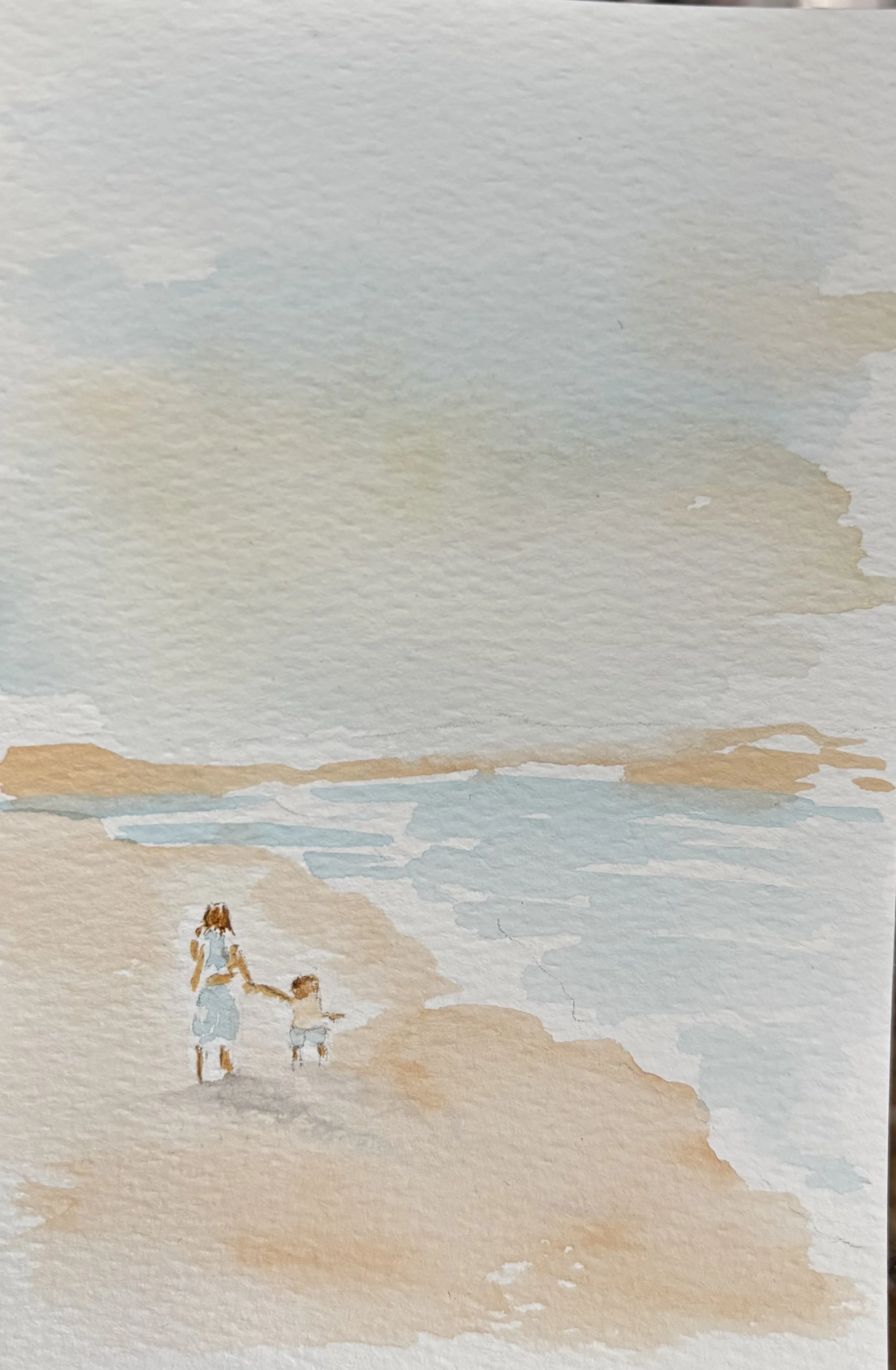 A watercolor painting depicting a woman and a child walking along a beach shoreline, with the sea and sky in the background.