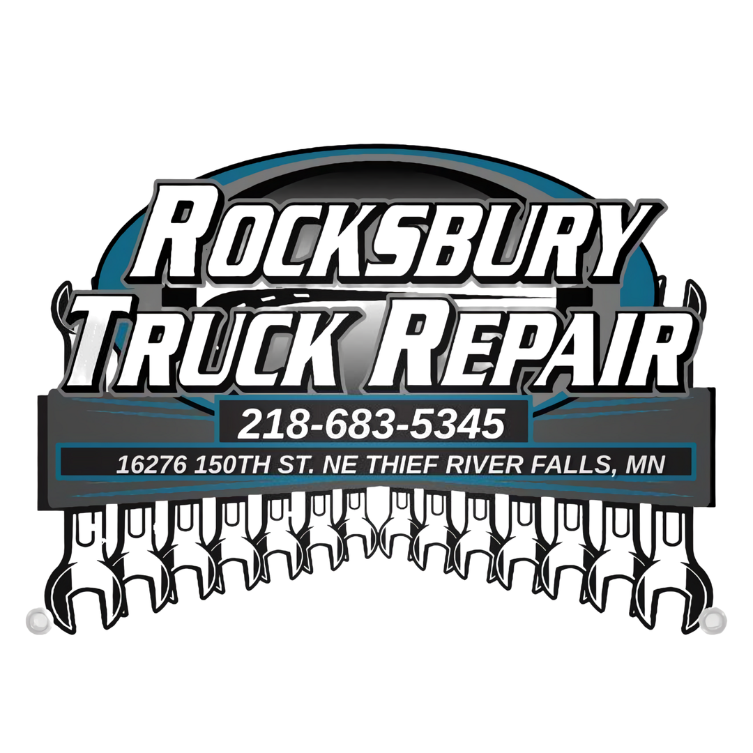 Logo for Rocksbury Truck Repair with contact number and address in Thief River Falls, Minnesota, featuring wrench icons.