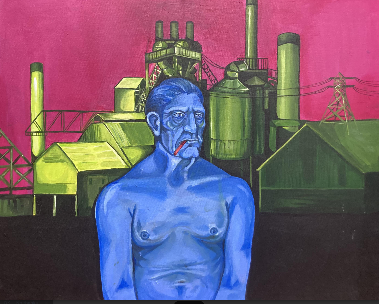 A Blue Man and His Green Factory,
Oil on Canvas
71cmx 64cm, 2022