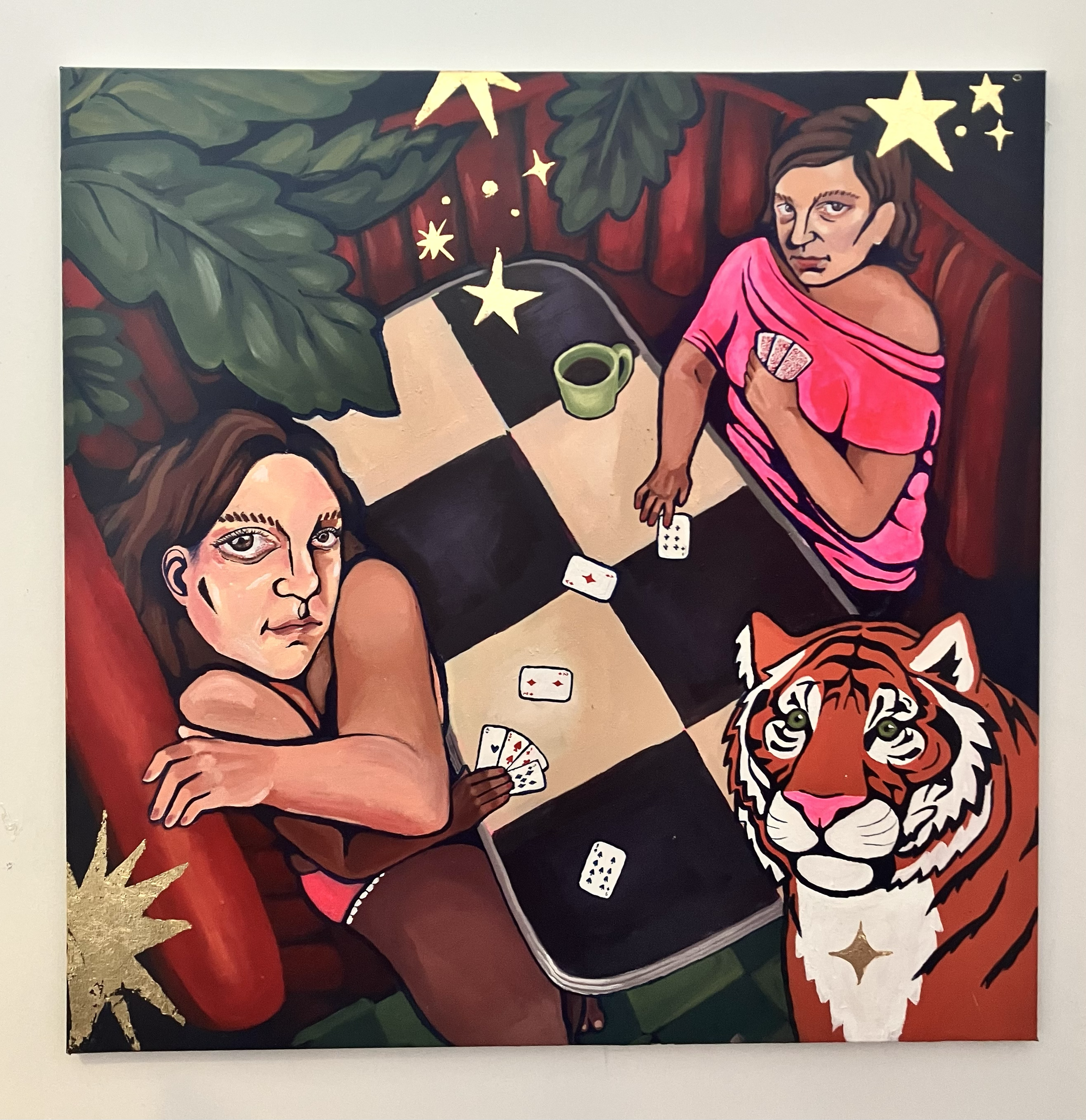 Lena Dunham  and the magical Diner, Bad Feminist,
Acrylic and Gold leaf on canvas,
 91cm x 91cm, 2025