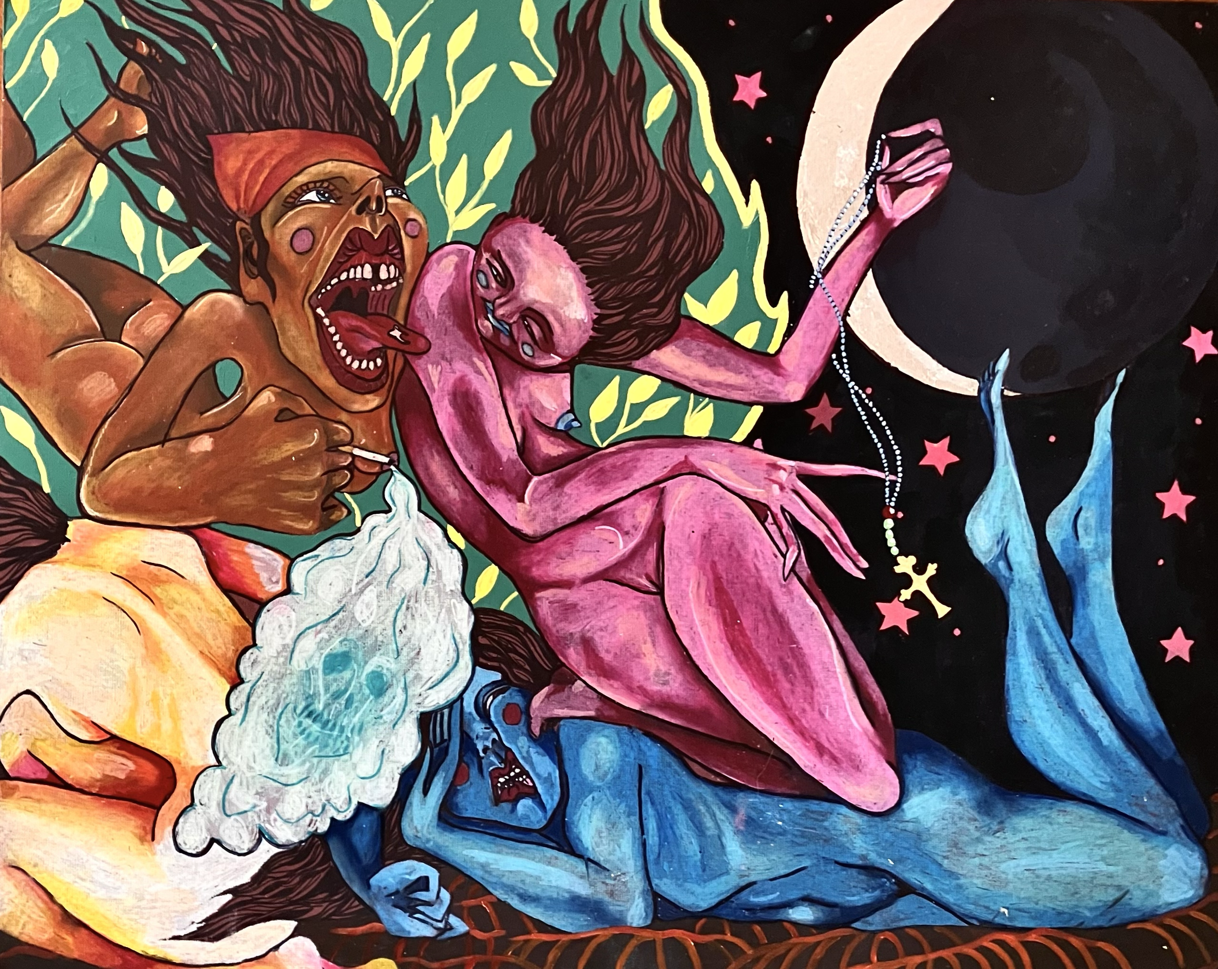 Fairies,
Oil Pastel, Acrylic paint, Gold leaf, Silver leaf on Paper
85cm x 72cm, 2023