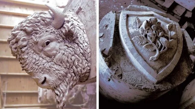 Photos of the 1983 bison heads and 1916/17 crests from the Centre Street Bridge. (Photos from Levis Auctions).