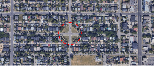 Balmoral Circus and surrounding neighbourhood. Google Maps, 2021.