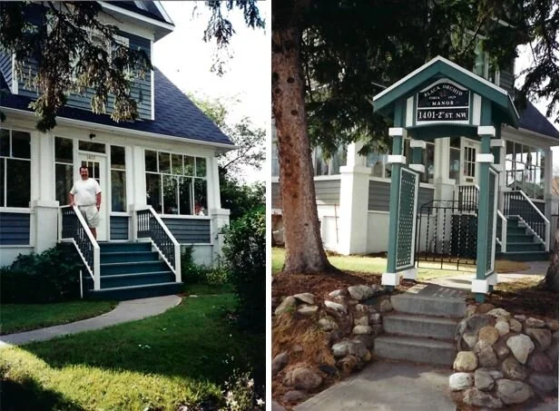 Images of Black Orchid Manor circa 1995. The arbor (right) featuring the “Black Orchid Manor” sign was destroyed when a tree fell on it about six months after they had moved out. Shared with permission from Don Bastian.