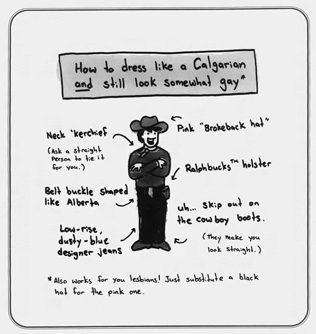 A tongue-in-cheek editorial cartoon from Calgary’s Swerve Magazine (2007), when Calgary hosted the inaugural North America OutGames. Illustration by Mark McIntyre.
