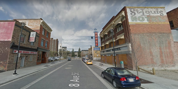 8 AV SE, prior to construction of the Calgary Central Library. Several historic buildings from the same era remain on this street including the St Louis Hotel (right), and both the Hillier Block and the Alberta Hide &amp; Fur Co. Building (left). Th…