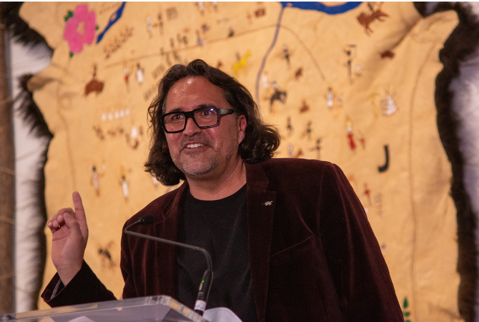 Photo: Adrian Stimson, an artist from the Siksika Nation, mapped stories of First Nations history at the Calgary Stampede onto a buffalo robe.