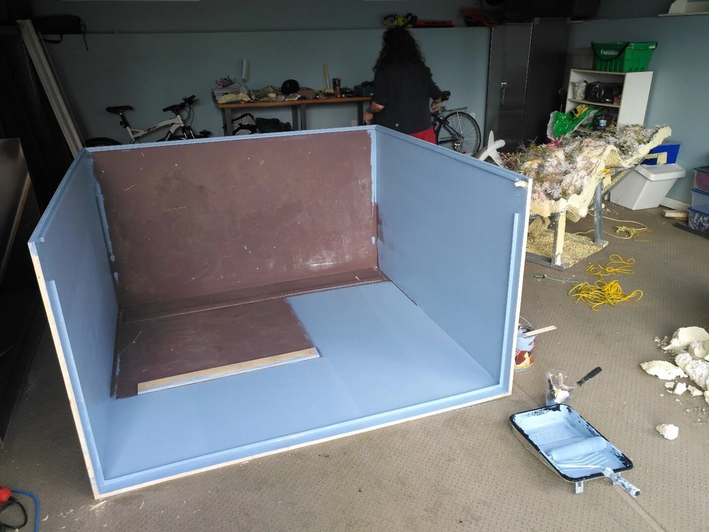 Painting the interior a nice blue, left over from my mother-in-law’s basement. Adaptive re-use was the name of the game in this project.